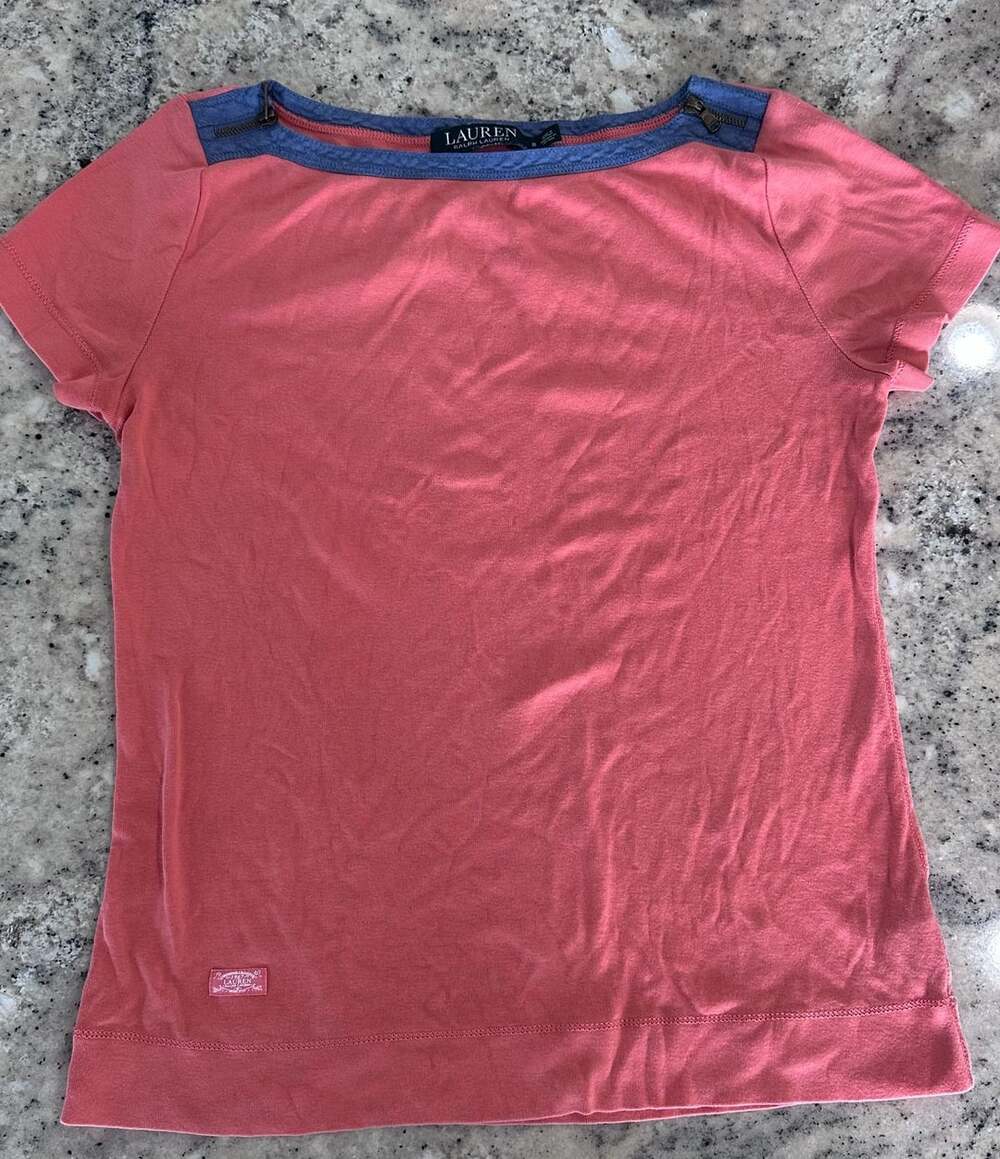 Lauren Ralph Lauren T-Shirt Size S Pink Blue Trim Cotton